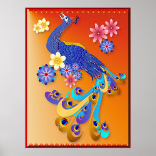 Utsmyckad påfågel- och blommaaffisch poster