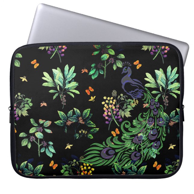 Utsmyckad påfågel och vintage blomster laptop fodral (Framsidan)