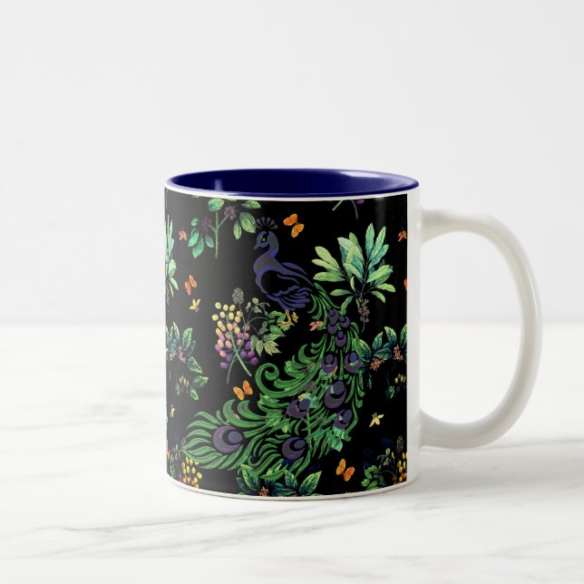 Utsmyckad påfågel och vintage blomster Två-Tonad mugg (Höger)