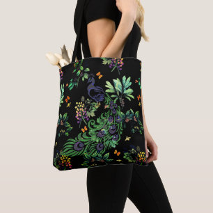 Utsmyckad påfågel och vintage blomster tygkasse