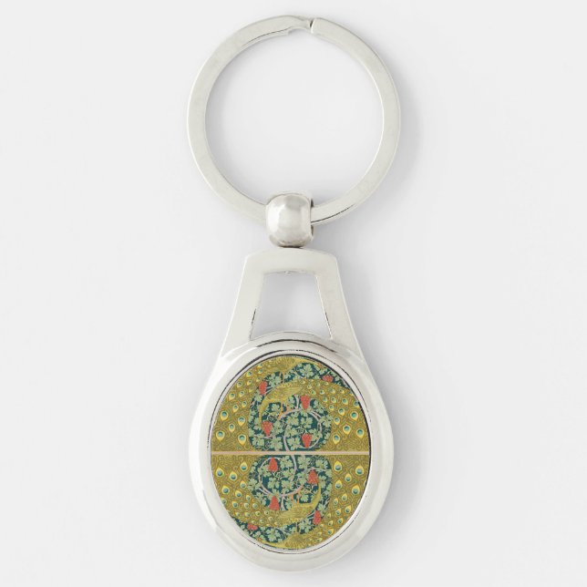 Utsmyckad Peacock-druvväxthuskonst i William Morri Ovalt Silverfärgad Nyckelring (Framsidan)