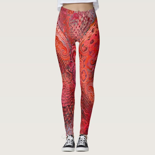 Utsmyckad röd symmetrisk Paisley-mönster Leggings (Framsida)