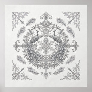 Utsmyckad silver påfågel snöflinga vapensköldsaffi poster