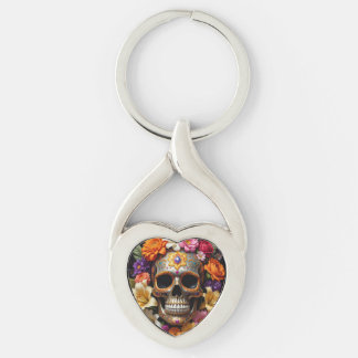 Utsmyckad sockerskalle twisted heart silverfärgad nyckelring