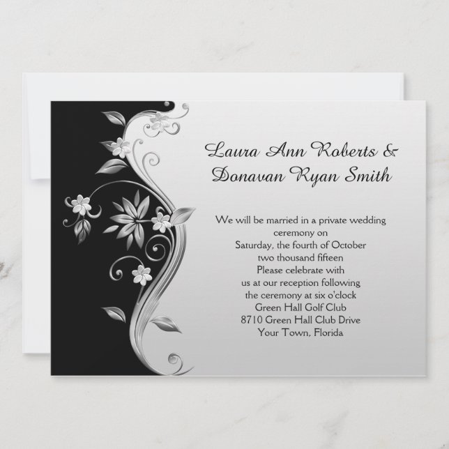 Utsmyckad svart och silver blomsterreception endas inbjudningar (Framsida)