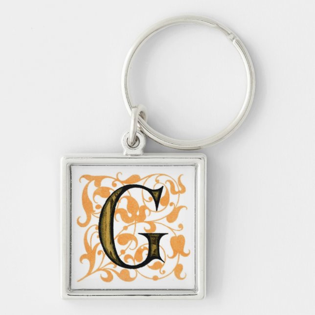Utsmyckad vintageMonogram 'G Fyrkantig Silverfärgad Nyckelring (Framsidan)