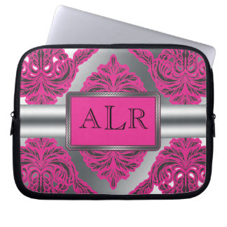 Utsmyckade damastast rosor, svart, silver laptop sleeve