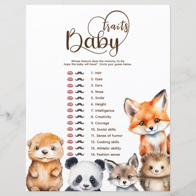 Utsmyckade djur Baby Shower Babyegenskaper spel (Framsida)