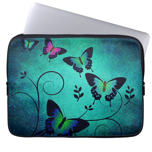 Utsmyckade smyckesfjärilar teal laptop fodral (Framsidan)