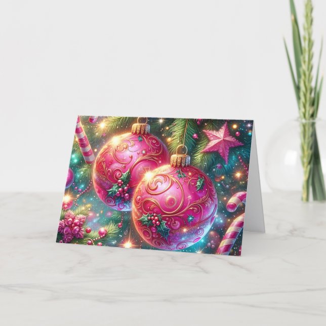 Utsmyckade Vintage Rosa Julgransprydnader Helgkort (Framsida)