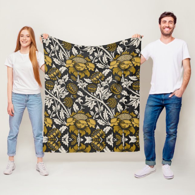 Utsmyckat blommönster med stora gyllene blommor fleecefilt (På plats)