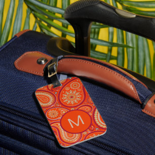 Utsmyckat Orange Paisley Mönster Monogram Bagagebricka
