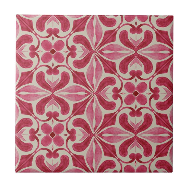 Utsmyckat rött azulejo-mönster med blomsterornamen kakelplatta (Framsidan)