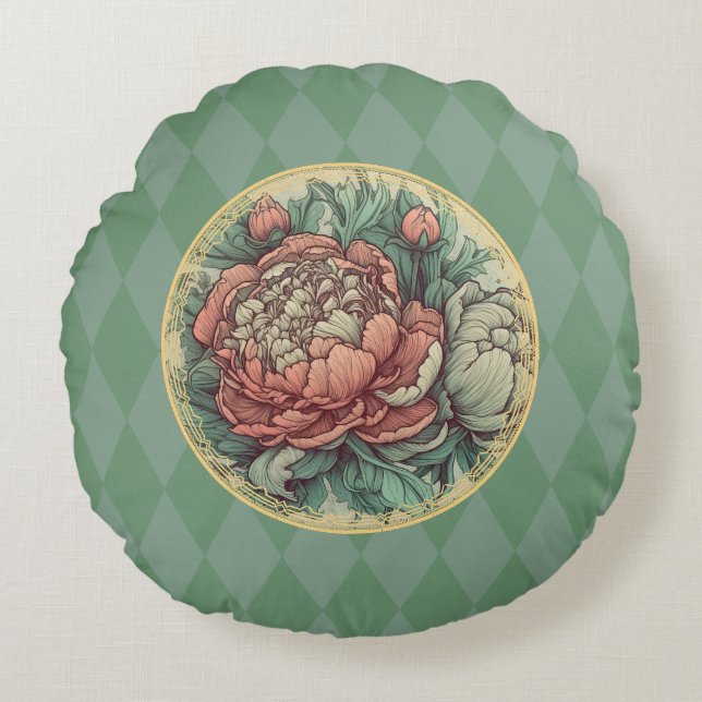 Utsökt Art nouveau Peonies Rund Kudde (Framsidan)