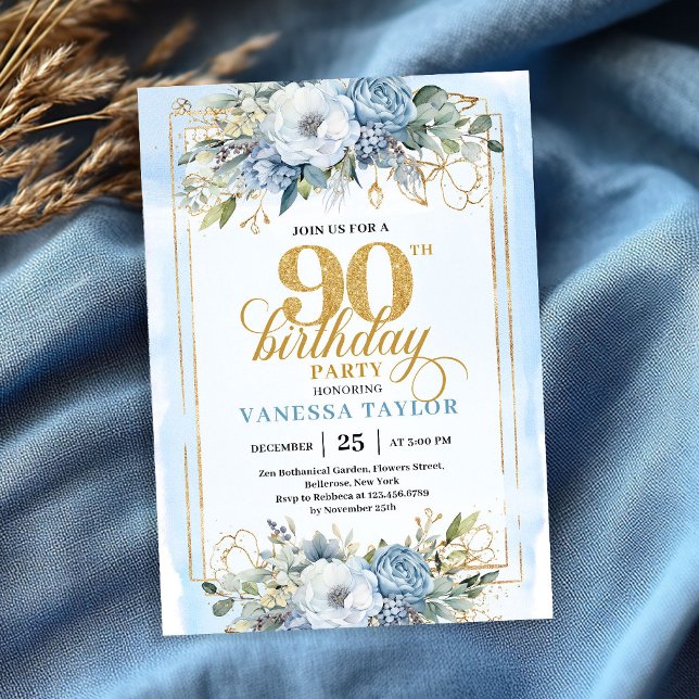 Utsökt blekblå guld stil 90-årsdag inbjudningar (Exquisite pale blue gold style 90th birthday invite)