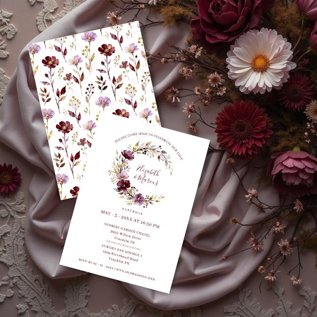 Utsökt burgunderröd bröllopsblomsterkrans inbjudningar (Exquisite Burgundy Botanical and Floral Circular Garland Wedding Invitation Design.)