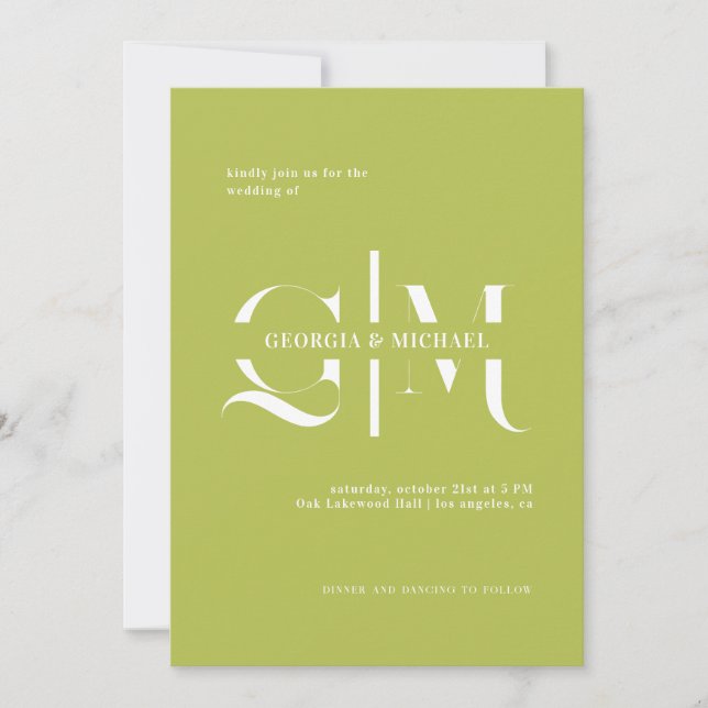 Utsökt Monogram Minimalist Chartreuse Bröllop Inbjudningar (Framsida)