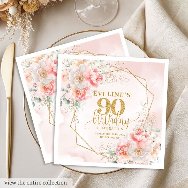 Utsökt  rosa guld 90:e födelsedag papper pappersservett (Delightful blush pink gold 90th birthday paper Napkins)