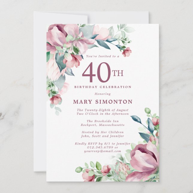 Utsökt Rosa Ros Blommig 40-årsdag Inbjudningar (Framsida)