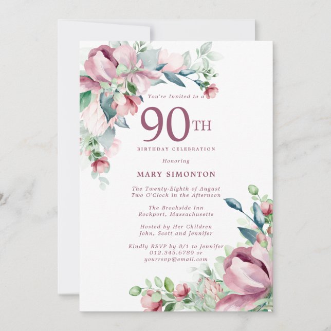 Utsökt Rosa Ros Blommig 90-årsdag Inbjudningar (Framsida)