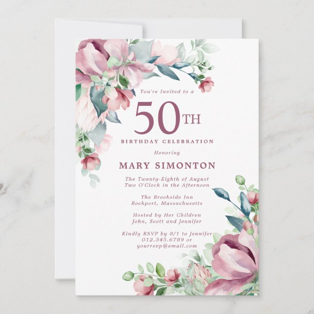 Utsökt rosa rosblomma 50-årsdag inbjudningar (Framsida)