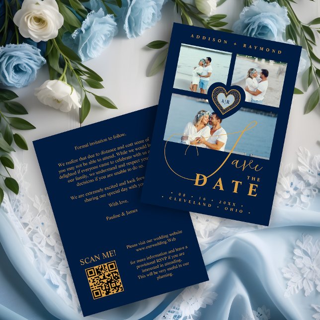 Utsökt spets Guld & Marinblå 3 Flera foton Spara Datumet (Exquisite Faux Lace Gold and Navy Blue 3 Multi Photos Collage Wedding Save the Date Card.)