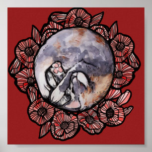 Utspädd Calico Kattunge Red Poppy Flower Cats Poster