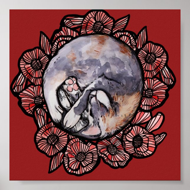 Utspädd Calico Kattunge Red Poppy Flower Cats Poster (Framsidan)