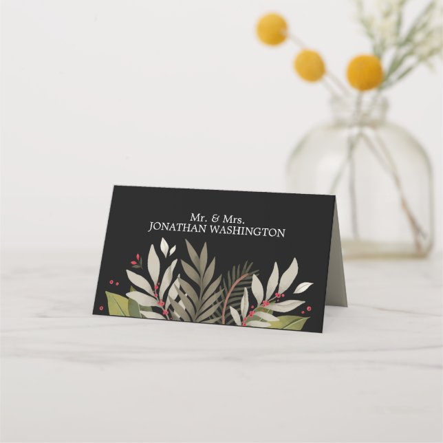 Utspädda botaniska ämnen tema | Svart | BRÖLLOP Placeringskort (Framsida)
