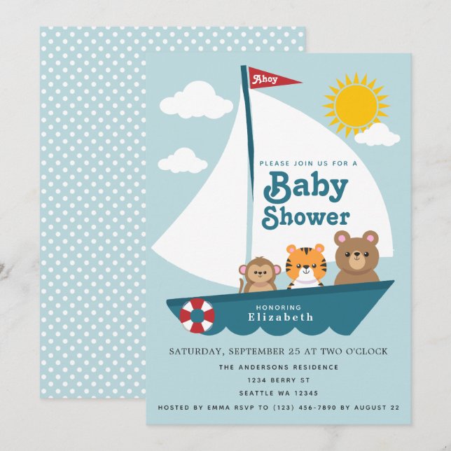 Utspädda djur i Boat Baby Shower-inbjudan Inbjudningar (Fram/baksida)