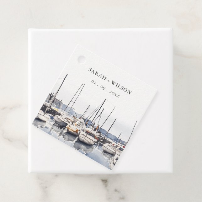 Utspädda kustbåtar vid Harbor Sjölandskap Bröllop Gåvor Etiketter (På plats)