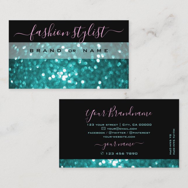 Utstående Black Teal Sparkling Glitter Shimmery Visitkort (Fram/baksida)