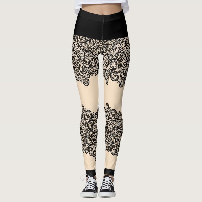 Uttryck Dig Svart & Vit Lace Bröllopsklänning Leggings (Framsida)