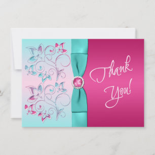 UTTRYCKT BOW-Rosa, Aqua Blommigt PHOTO-tackkort Tack Kort