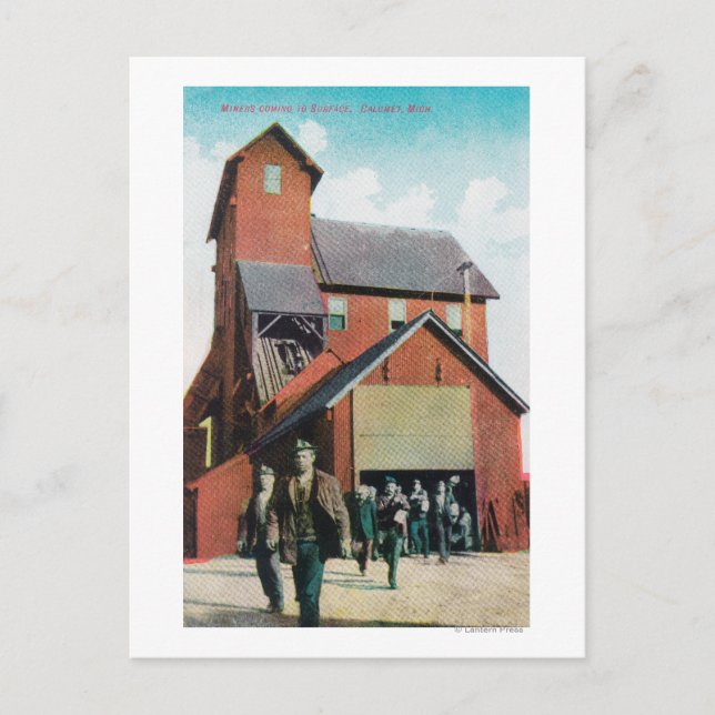 Utvändig visning av en gruva, arbete som slutar vykort (Framsida)