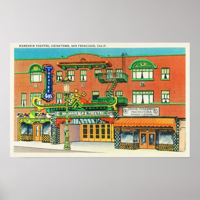 Utvändig visning av mandarinteatern. poster (Framsidan)