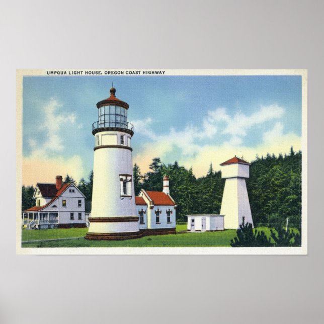 Utvändig vy av Umpqua LighthouseCoast Poster (Framsidan)