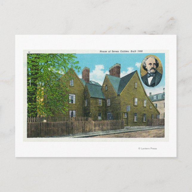 Utvändig vy över huset med sju tabeller nr 2 vykort (Framsida)