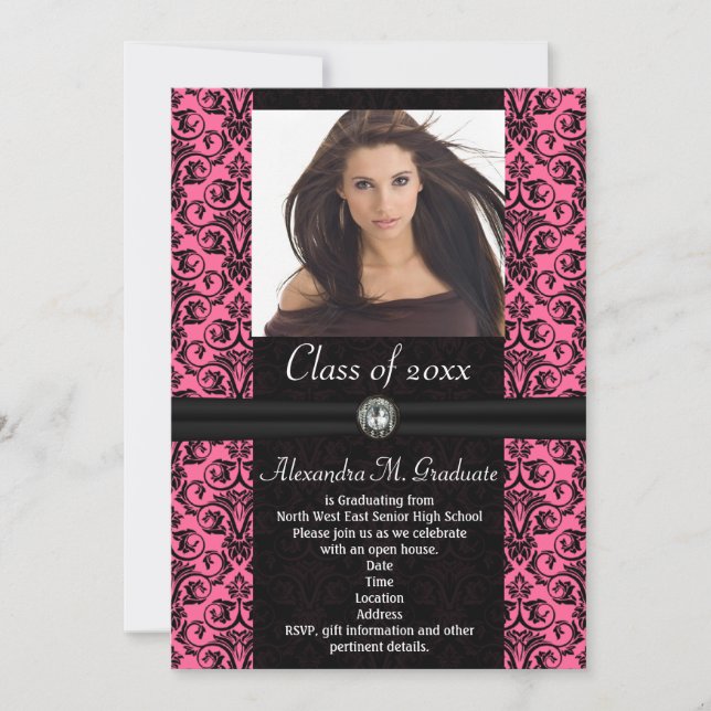 Utveckla Rosa Black Damask Studenten Inbjudningar (Framsida)