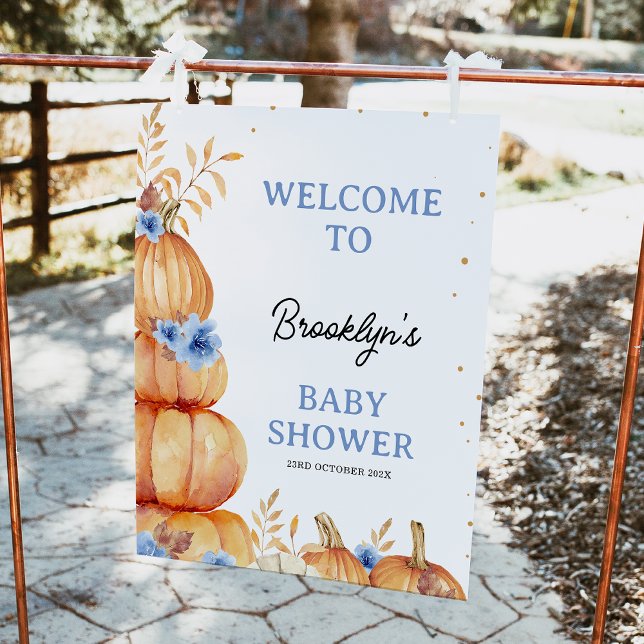 Utvidgning av foto (Boys Fall Little Pumpkin Baby Shower Welcome Sign, Blue Floral Pumpkin Welcome Autumn Baby Shower)