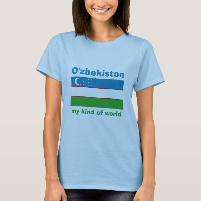 Uzbekistan Flagga + Karta + Text T-Shirt (Framsida)
