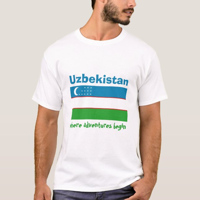 Uzbekistan Flagga + Karta + Text T-Shirt (Framsida)