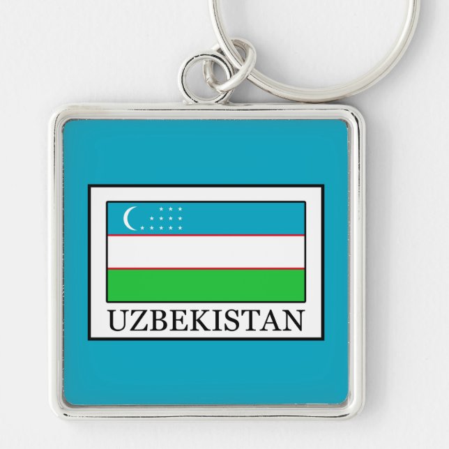 Uzbekistan Fyrkantig Silverfärgad Nyckelring (Framsidan)