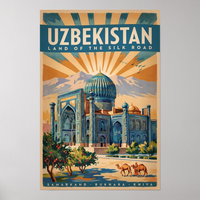 Uzbekistan Kamel Illustration Resa Konst Vintage Poster (Framsidan)