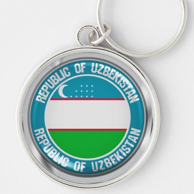Uzbekistan Round Emblem Rund Silverfärgad Nyckelring (Framsidan)