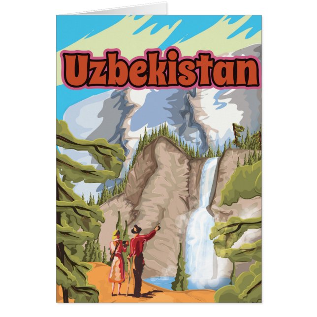 Uzbekistan vintage reseaffisch hälsningskort (Framsidan)