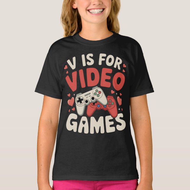 V är för videospel med Valentines day-spelaren T Shirt (Framsida)