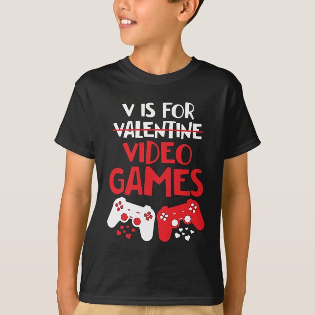 V är för videospel Valentine Gamer Boy Kids Day T Shirt (Framsida)