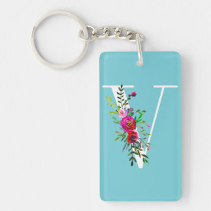 V Bokstav Initial Monogram Blommig Anpassad Färg