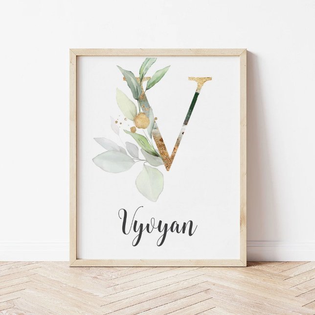 V Bokstavsmonogram Greenery Nursery Namnskylt Vägg Poster (Skapare uppladdad)